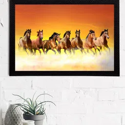 eCraftIndia Brown & Yellow 7 Lucky Running Horses Satin Matt Texture Framed UV Wall Art-image-83