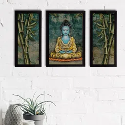 eCraftIndia Set of 3 Multicoloured Meditating Lord Buddha Satin Matt Texture UV Wall Arts-image-7