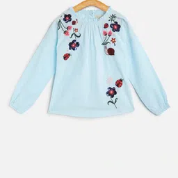 Cherry Crumble Girls Turquoise Blue Floral Embroidered Top-picture-54