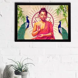 eCraftIndia Pink & Orange Meditating Lord Buddha Satin Matt Textured UV Wall Painting-image-84
