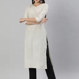 KALINI Women Off White & Beige Self Striped Straight Kurta-picture-1