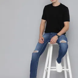 HERE&NOW Men Black Solid Cotton T-shirt image 1