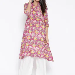Sera Women Pink & Yellow Printed A-Line Asymmetric Kurta-picture-31