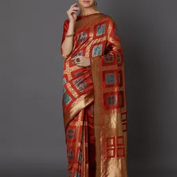 Mitera Rust Red & Blue Woven Design Kanjeevaram Saree-image-98