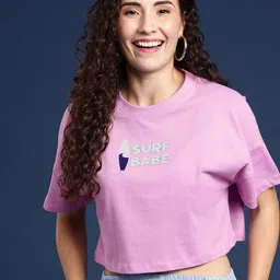 Mast & Harbour Printed Drop-Shoulder Sleeves Oversized Bio Finish Pure Cotton Crop T-shirt-picture-36