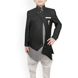 SG YUVRAJ Boys Black & White Solid Silk Sherwani-picture-18
