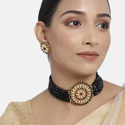 I Jewels Black Gold-Plated Beaded Choker Jewellery Set-picture-42