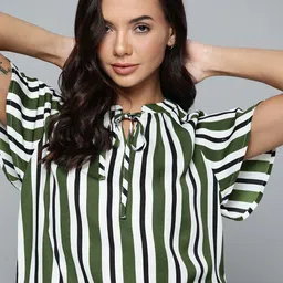 Harvard Olive Green & Off-White Tie-Up Neck Raglan Sleeves Top-picture-13