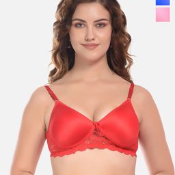 FIMS Red & Maroon Pack of 3 Cotton Solid Lightly Padded Bra-picture-0