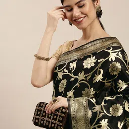 Hinayat Fashion Black & Golden Woven Design Zari Saree-image-27