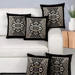 Nendle Beige & Black 5 Pcs Floral Square Cushion Covers-image-72