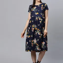 MomToBe Women Navy Blue Printed A-Line Maternity Nursing Sustainable Dress-picture-28