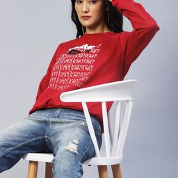 Rigo Women Maroon Printed Round Neck Fleece Sweatshirt-picture-20