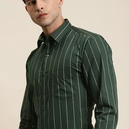 Hancock Men Green Slim Fit Opaque Striped Formal Shirt-image-74