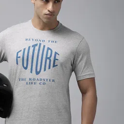 Roadster Men Grey Melange Typography Printed T-shirt-image-2