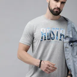Roadster Men Grey & Blue Brand Logo Printed Pure Cotton T-shirt-picture-27