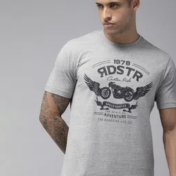 Roadster Men Grey Melange & Black Brand Logo Printed T-shirt-picture-55
