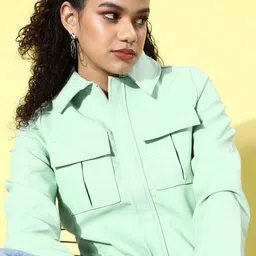Tokyo Talkies Women Gorgeous Green Solid Faux Leather Jacket-picture-31