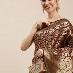 Hinayat Fashion Maroon & Golden Woven Design Zari Saree-image-16
