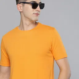 HERE&NOW Men Mustard Yellow Solid Cotton Sustainable T-shirt-picture-32