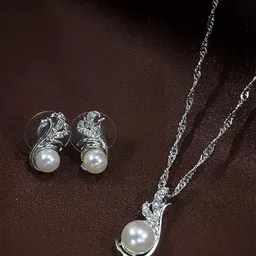 I Jewels Rhodium-Plated Pearl Stone Studded Jewellery Set-picture-16