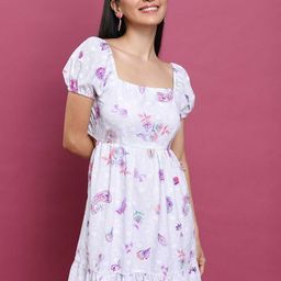Vishudh White Floral Printed Square Neck Puff Sleeve Gathered or Pleated A-Line Dress-picture-6
