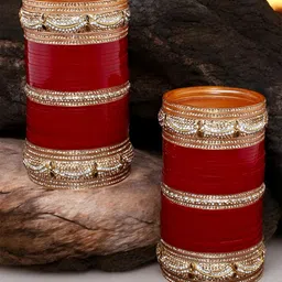 LUCKY JEWELLERY Maroon Red & White CZ Studded Bangles Set image 1