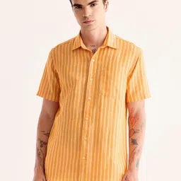 Red Flame Vertical Striped Cotton Linen Casual Shirt-picture-27