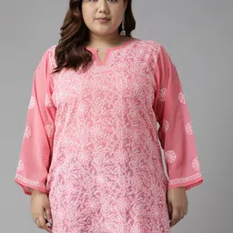 ADA Pink & White Ethnic Motifs Embroidered Plus Size Chikankari Kurti-picture-11