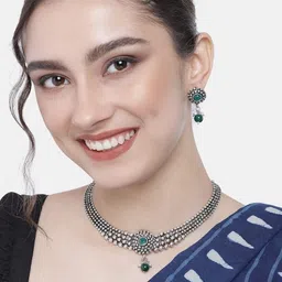 I Jewels Green Stone Studded Silver Plated Jewellery Set-picture-39