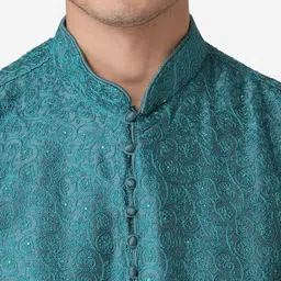 here&now x sanwara Sanwara Men Teal Green Embroidered Straight Kurta image 4