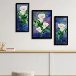 eCraftIndia Set of 3 Blue & White Botanical and Floral Satin Matt Textured UV Art Paintings image 2