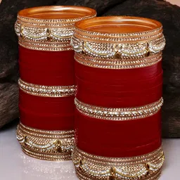 LUCKY JEWELLERY Maroon Red & White CZ Studded Bangles Set image 5