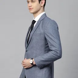 MANQ Men Blue Slim Fit Solid Single-Breasted Formal Blazer image 2