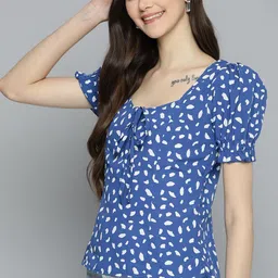 Mast & Harbour Blue & White Printed Sweetheart Neck Top image 3