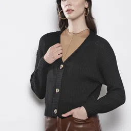 Boohoo Solid Chunky Knit Drop-Shoulder Sleeves Cropped Cardigan image 3