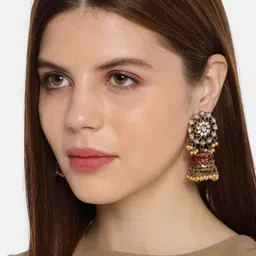 Fida Women Gold-Toned & Red Dome Shaped Jhumkas image 3