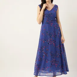 DressBerry Navy Blue Floral Printed V- Neck Maxi Dress-picture-12