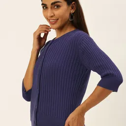 FOREVER 21 Women Navy Blue Ribbed Pure Cotton Cardigan image 5