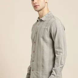 ether Kora Collection Men Grey & Black Striped Casual Handloom Shirt image 4