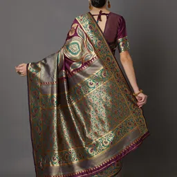 Mitera Burgundy & Gold-Toned Silk Blend Woven Design Kanjeevaram Saree image 5