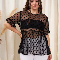 Berrylush Curve Polka Dot Sheer Peplum Top-picture-19