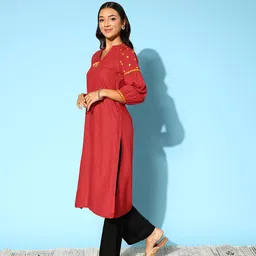 Sangria Tassel Detailed Mirror Work Puff Sleeves Kurta image 3