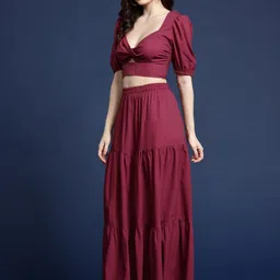 Mast & Harbour Sweetheart Neck Cut Out Detail Puff Sleeves Crop Top with Tiered Maxi Skirt image 5
