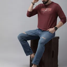 Roadster Men Maroon Brand Logo Printed Pure Cotton T-shirt image 3