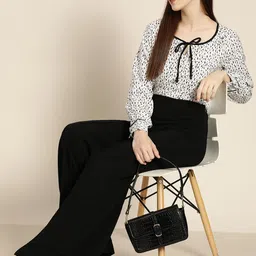 her by invictus Women Off White & Black Printed Tie-Up Neck Top-picture-11