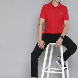 HERE&NOW Men Red Solid Polo Collar Pure Cotton T-shirt image 2