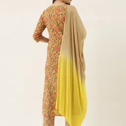 Rajnandini Women Beige & Yellow Floral Printed Pure Cotton Kurta with Trousers & Dupatta image 3