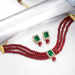 Peora Gold-Plated Maroon Pearl Beaded Jewellery Set-picture-15