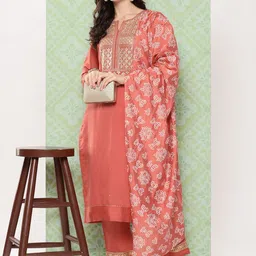 Varanga Orange Ethnic Motifs Yoke Design Gotta Patti Kurta with Trousers & With Dupatta image 3